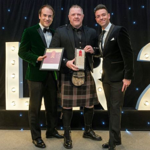 Above: Some Pozzi-tive news as David Robertson was recently awarded the Scottish Local Retailer’s Newstrader Of The Year Award for his JP Pozzi newsagents’ business
