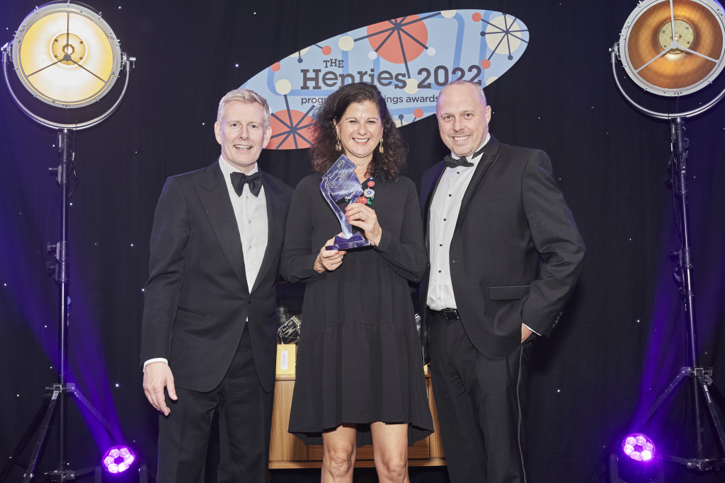 Above: As a sponsor of The Henries 2022 (right) Duplo UK md Martyn Train presented a trophy to Rocket68 founder Jill White at the event t hosted by Patrick Kielty