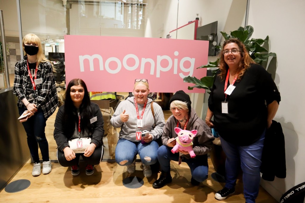 Above: Young designers Courtney Brown, Chloe Emslie, Megan Sheppard, and Emma Little visit Moonpig