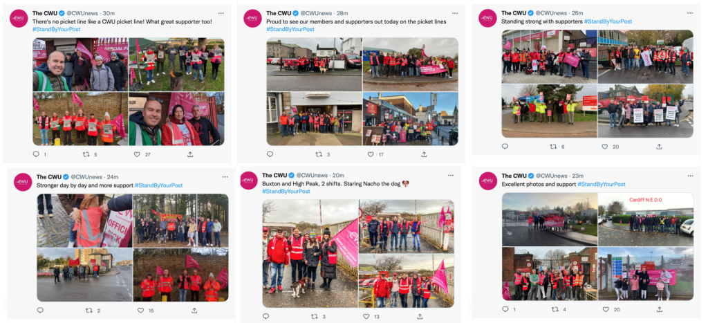 Above: Just some of the 100-plus picket line images tweeted by CWU today