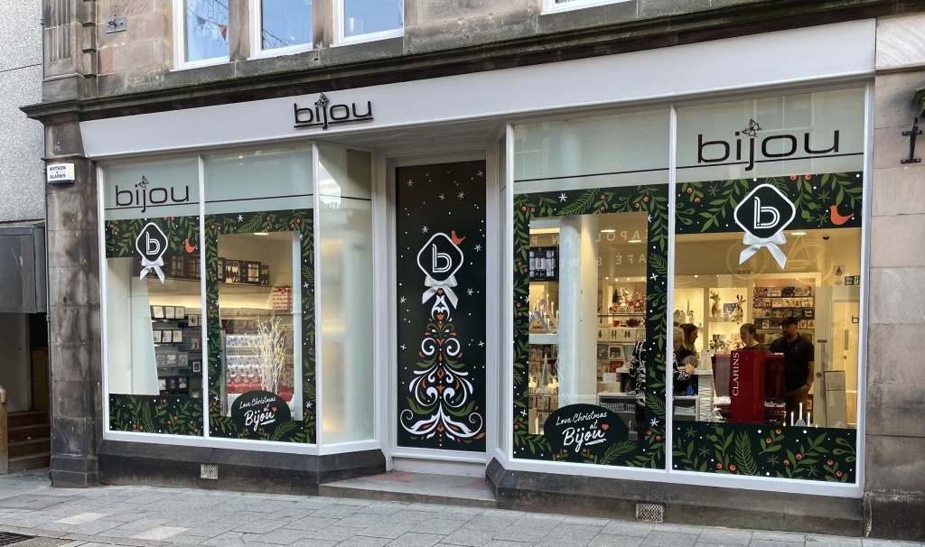 Above: The window of Bijou’s Christmas shop