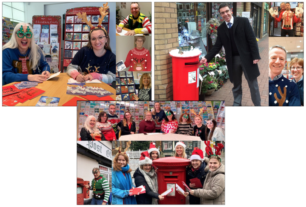 Above: Abacus’ territory sales manager Graham with Neil in Bourne, David in Rothwell and Susan in Drum, and national sales manager Sean gets busy writing cards in the office with Elaine, Montse, Cynthia and Sue, Danny’s at Etwall Post Office and the design team send their cards