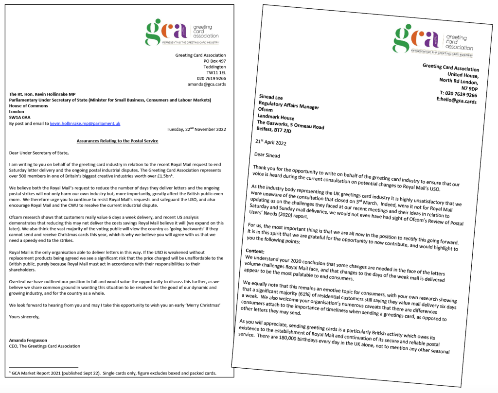 Above: The GCA’s letters to Ofcom and Royal Mail