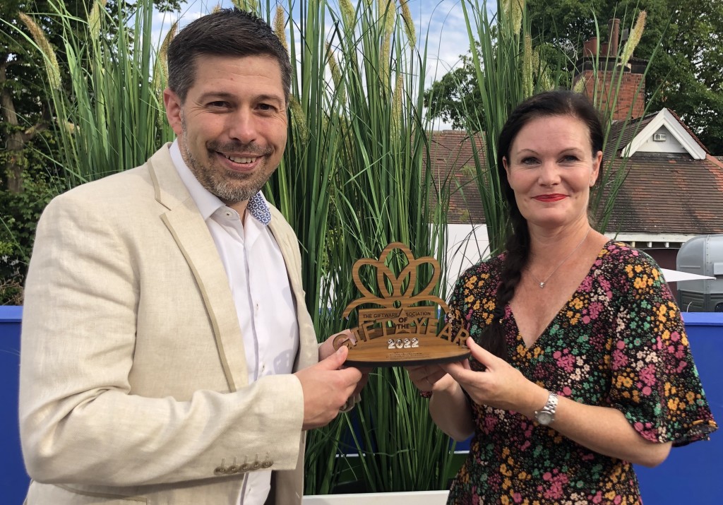 Above: David Falkner, director of Cardology, was presented with the GOTY People’s Choice award at Harrogate Home & Gift in July for its Battersea Pop-up card range by GA ceo Sarah Ward