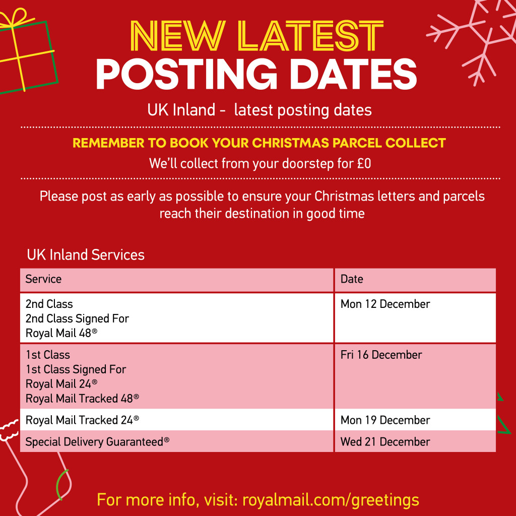 Above: Royal Mail’s revised last recommended inland posting dates for Christmas