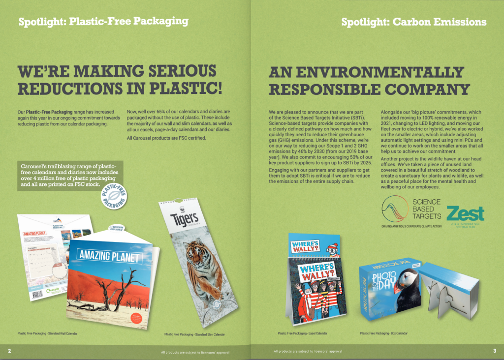 Above: Carousel’s environmental commitments feature prominently in its recent calendar catalogue