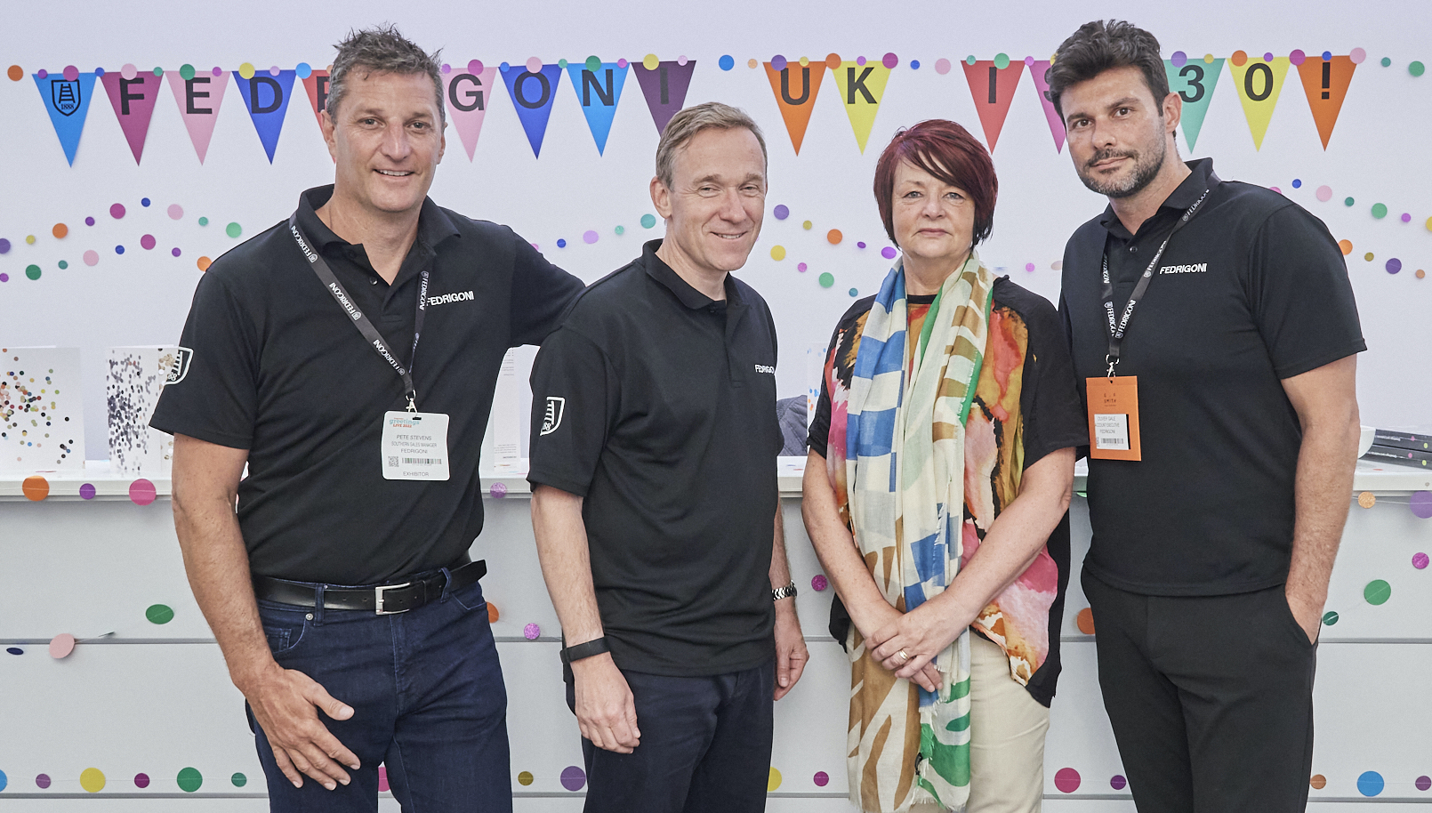 Above: Pete Stevens (far left) and colleagues celebrating 30 years of Fedrigoni in the UK at PG Live 2022 where it sponsored the Gallery Hall lunchroom area