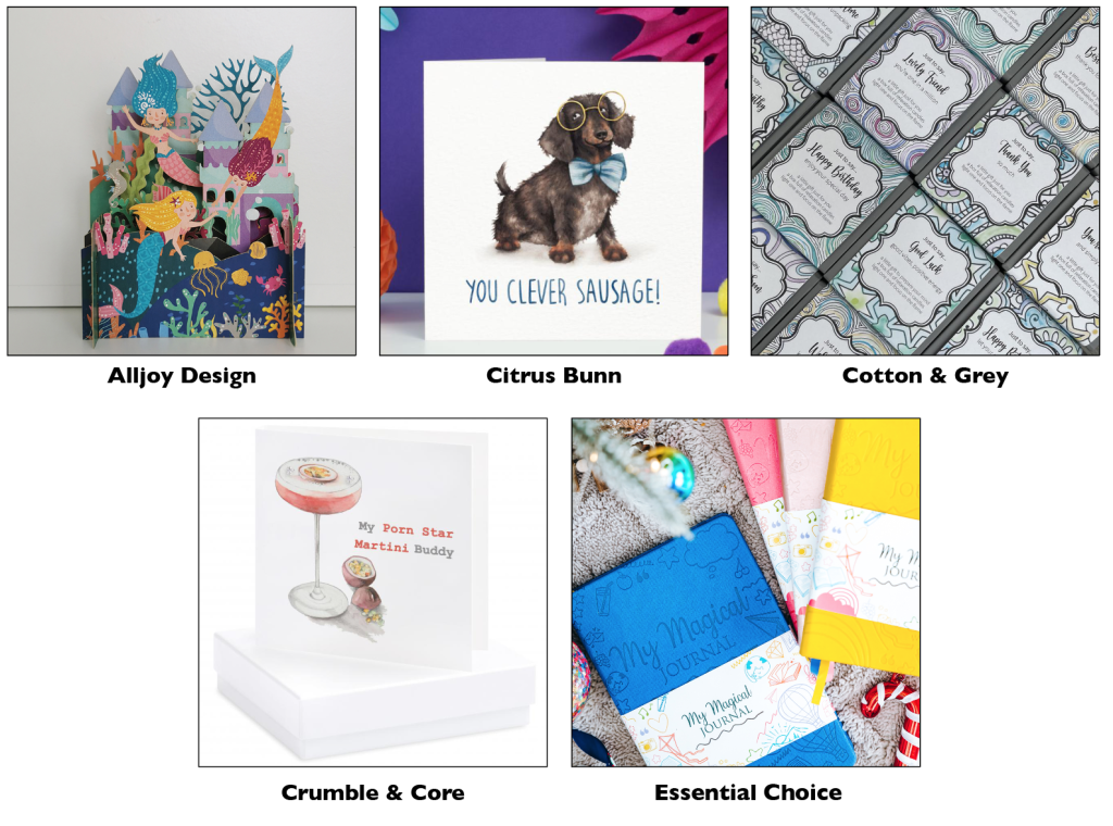 Above: Cards, Wraps & Stationery finalists Alljoy Design, Citrus Bunn, Cotton & Grey, Crumble & Core and Essential Choice