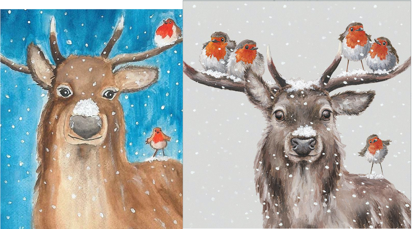 Above: Prince George’s festive artwork (left) was clearly inspired by this Wrendale Christmas card
