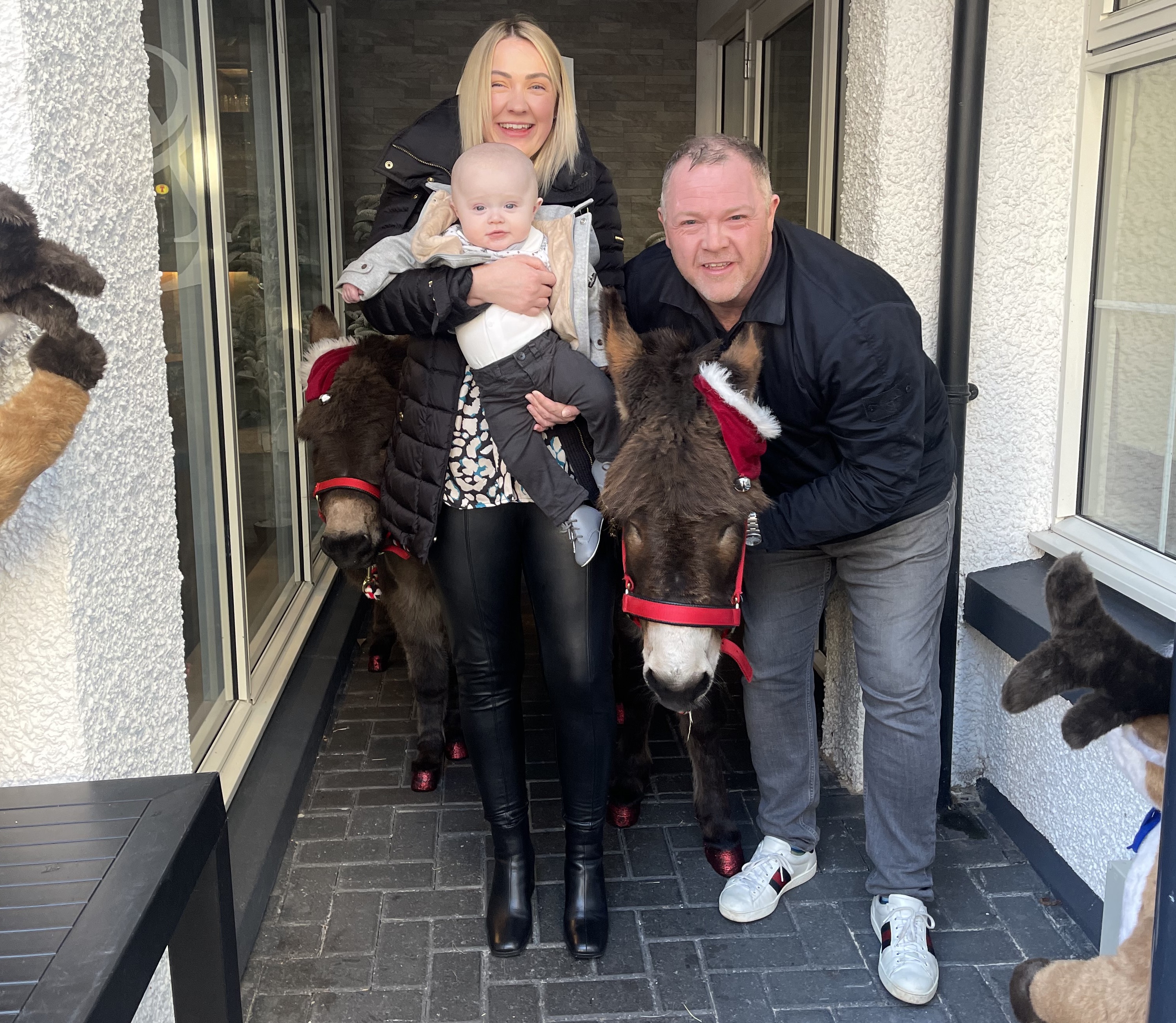 Above: David Robertson with wife Nicola, son Hudson and two friendly donkeys!