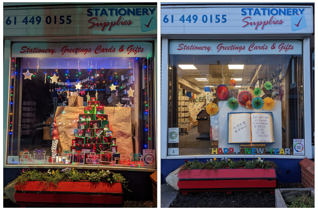 Above: Sarah Laker has already changed her Christmas window for a new year display
