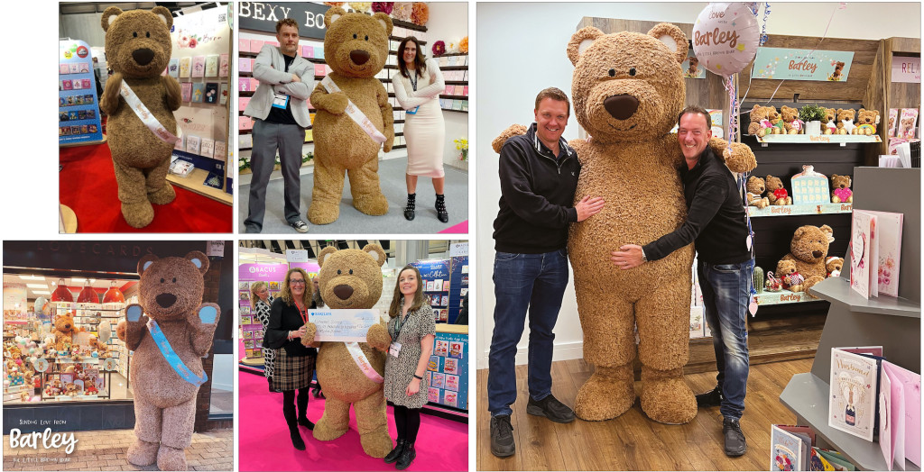Above: Barley Bear on IC&G’s Spring Fair stand, with Bexy Boo and helping Cardgains, plus visiting House of Cards, and being introduced by company owners Simon and Ian Wagstaff