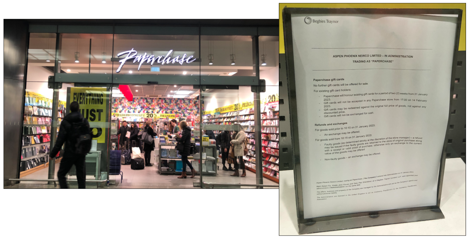 Above and top: Stores have closing-down signage – and the in-store notice explaining the gift card policy