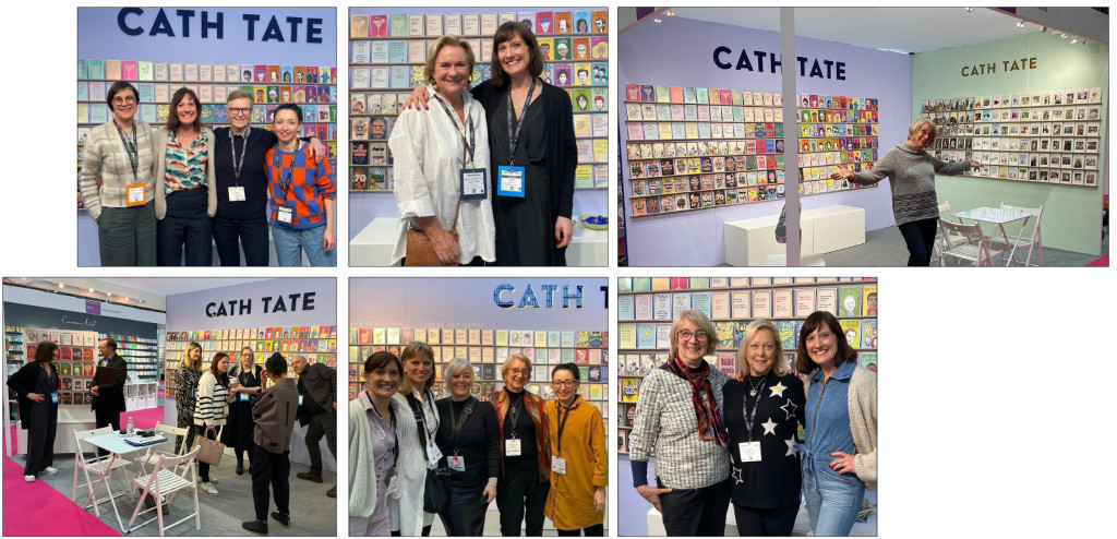 Above: Cath and Rosie Tate, of Cath Tate Cards, were busy catching up with distributors, shops and fellow publishers, including Hotfoils’ designer Jessica Watson, Notes & Queries co-owners Vanessa and Alan Harnik, and Jenny Cummins of McMillan Cards.