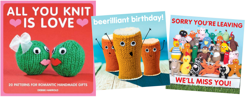 Above: One of Debbie’s knitting books (left) and cards from Mint’s Knit & Purl range featuring characters she knitted