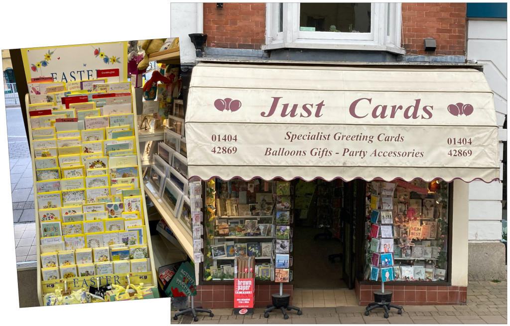 Above: Just Cards in Honiton has Mother’s Day in the window, and a cracking range of Easter cards right inside the door, courtesy of IC&G, Abacus, UK Greetings, Ling, and Noel Tatt (photo Alan Harwood, Cardgains)