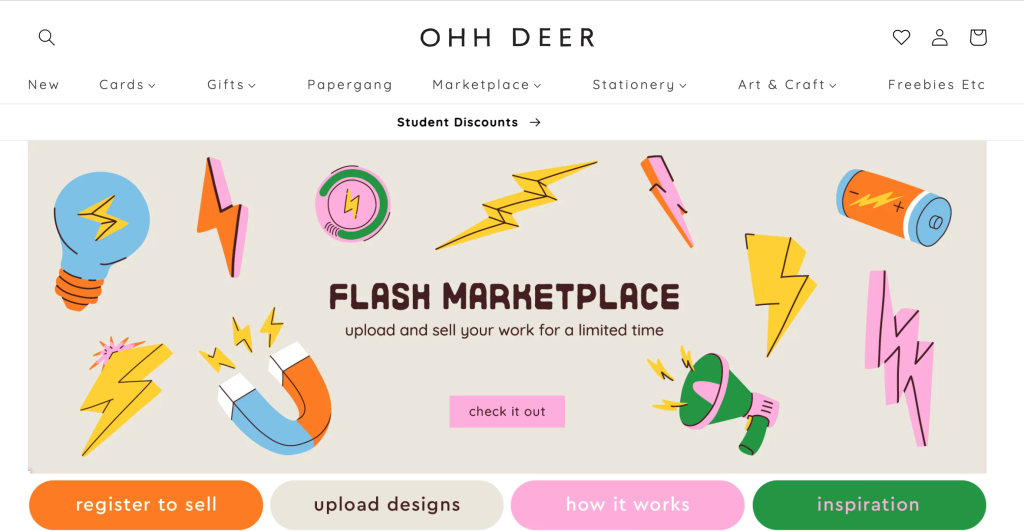 Above & top: Ohh Deer’s Flash Marketplace lets artists earn commission for their greeting cards