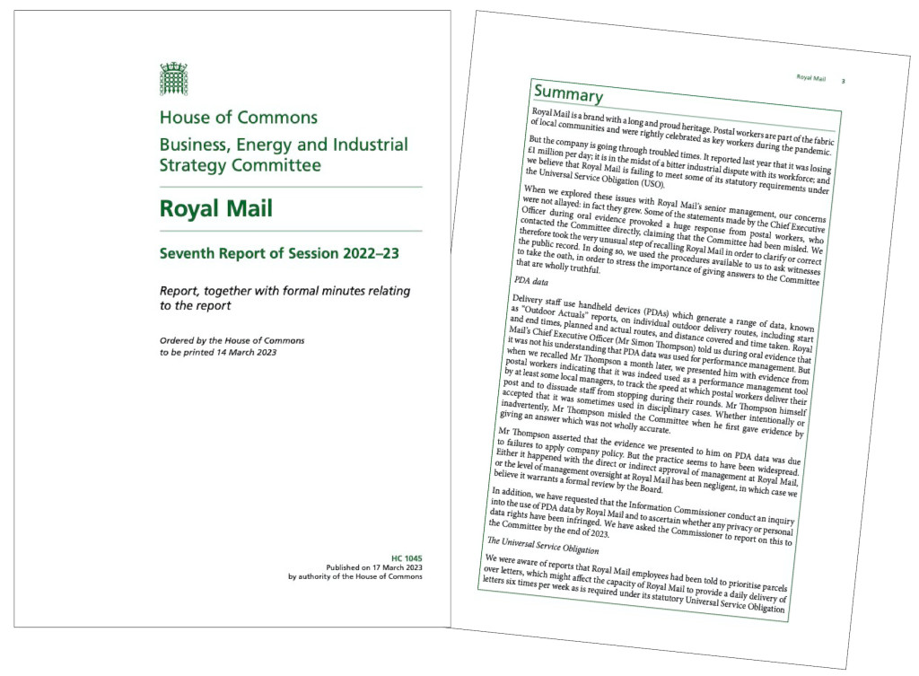 Above: The BEIS report states Royal Mail is failing its Universal Service Obligation