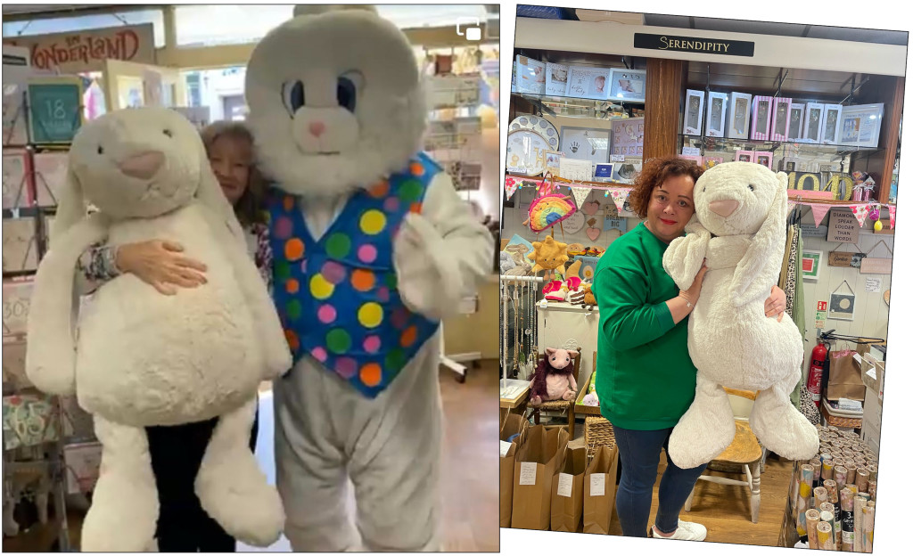 Above: Heidi Hopkinson greets the Easter Bunny at Serendipity House, and the Jellycat bunny’s new owner grabs a cuddle