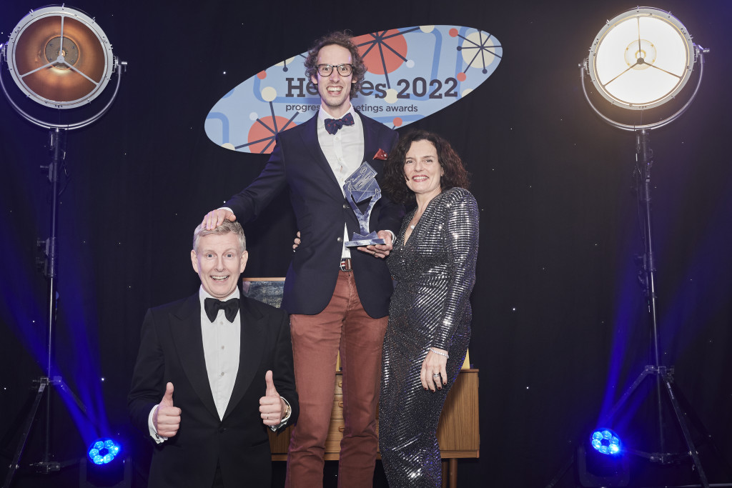 Above: The Henries host Patrick Kielty joined in the fun as Iain collected his award from Postmark’s Leona Janson-Smith