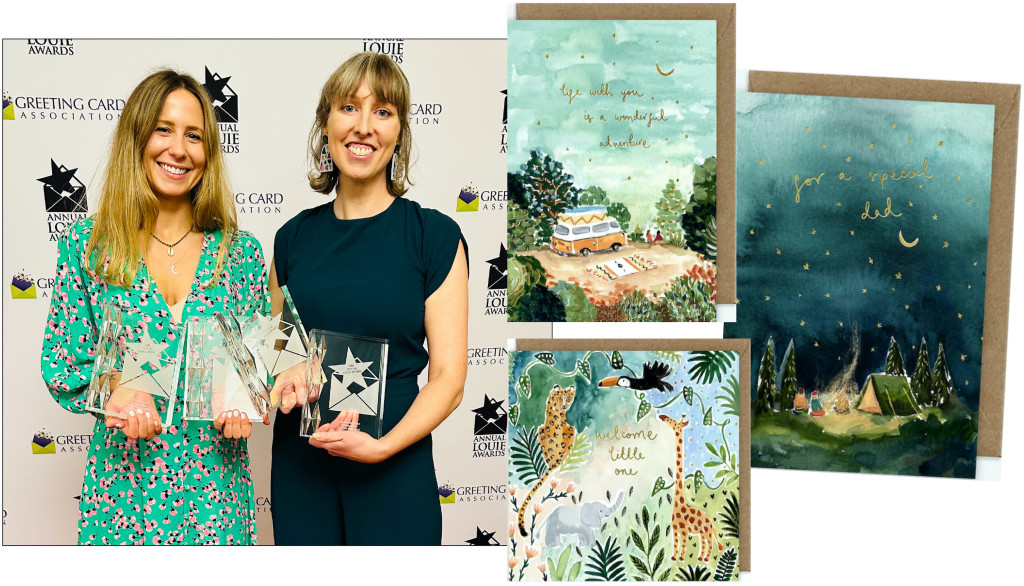 Above & top: Louise Mulgrew and her head of operations Cait Farrell with her awards haul and winning designs