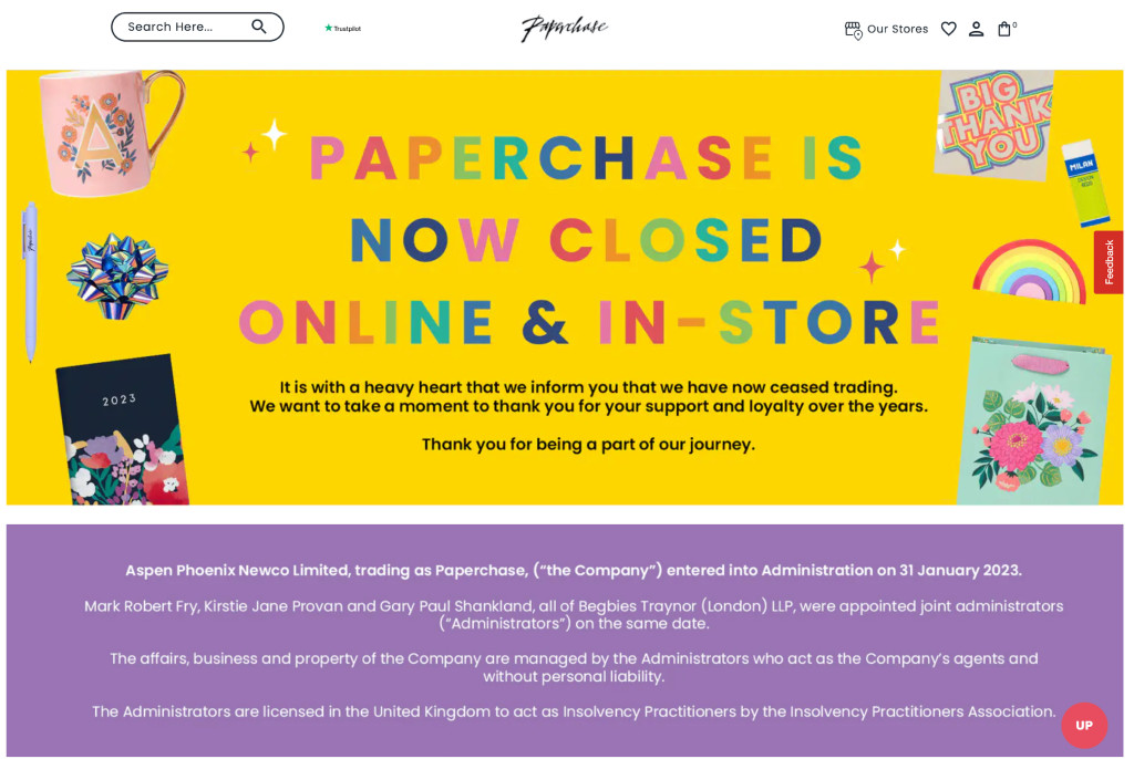 Above: The website confirms the Paperchase journey is over