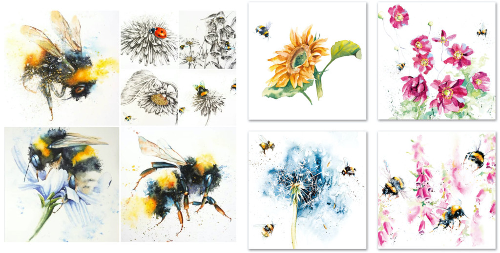 Above: More of Rachel’s bee paintings, and a set of Eco-Friendly Card Company notecards