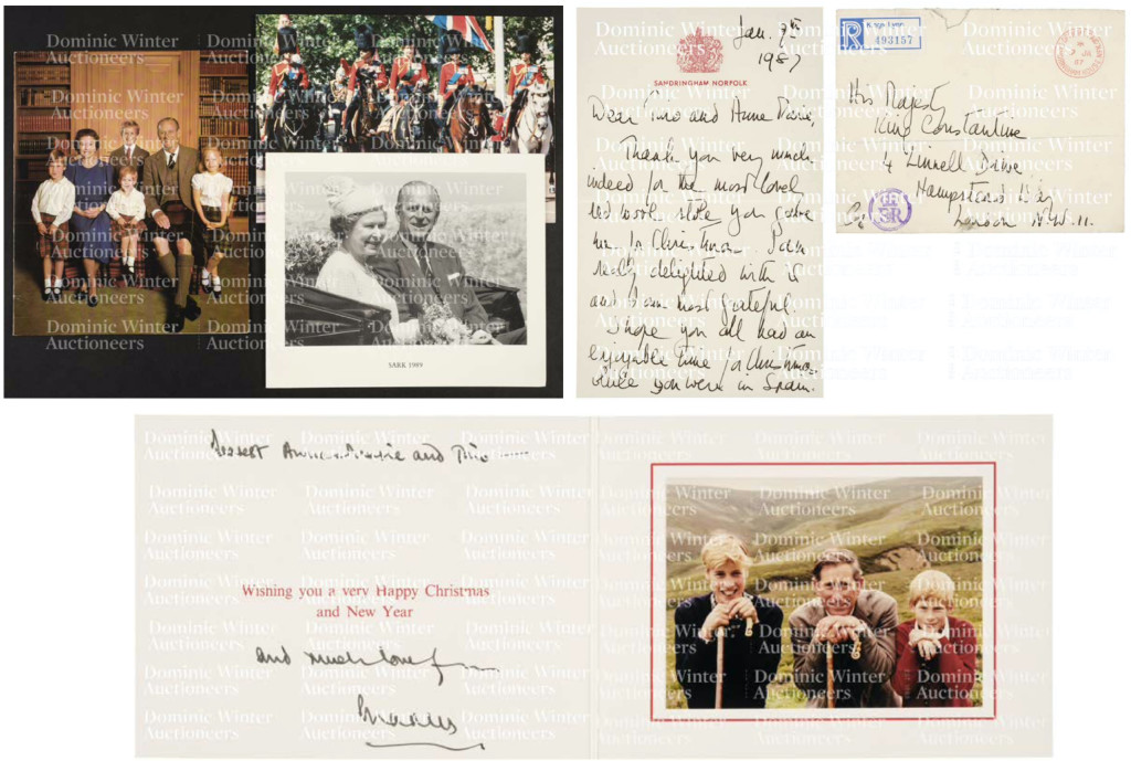 Above: Prince Philip’s festive greetings, a thank you letter from Queen Elizabeth II, and the then Prince Charles’ Christmas card are being auctioned