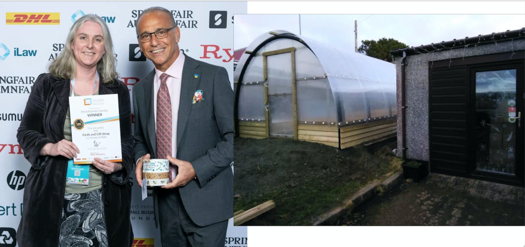Above: Janet with Theo Paphitis at the latest Small Business Sunday event in Birmingham, and her wee shoppie by her house