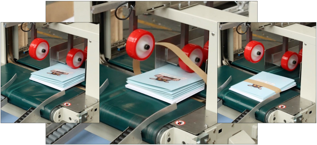 Above & top: The paper band machine in action on Danilo’s recent Gruffalo cards print run