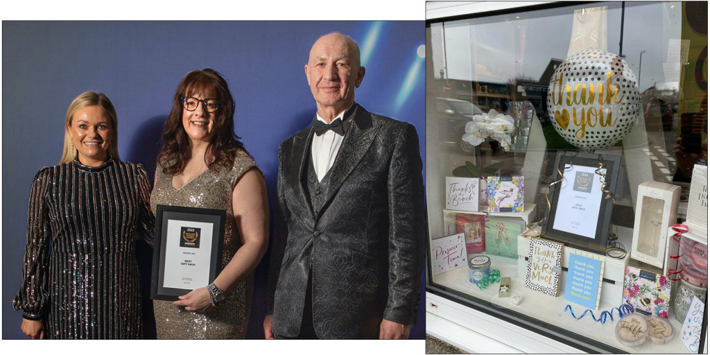 Above: Gifted owner Katrina Downie (centre) with Kenny, and the store’s thank you window