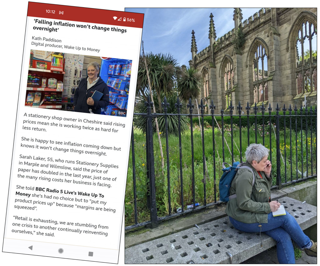 Above & top: Matthew’s atmospheric shot of Sarah being interviewed in Liverpool, and she’s featured on the BBC News live business feed – but they got her age wrong!