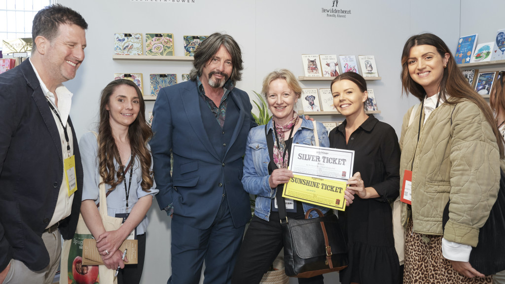Above: On the GBCC stand Laurence Llewelyn-Bowen made it a good PG Live for WHS Retail’s Claire Castle (denim jacket), Christina Worthy (second left) and newbie Scarlett Ford (far right)
