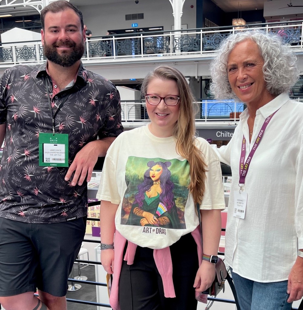 Above & top: James and Karen Mace, of Tall Boy Prints and The Art File, with The London Studio’s Soula Zavacopoulos in an Art Of Drag shirt at PG Live earlier this month
