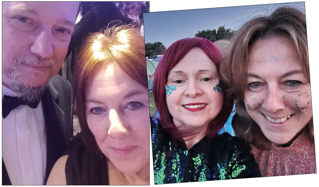 Above & top: John and Laura at The Henries 2022, and Laura in glittery festival mode last year with pal Linda