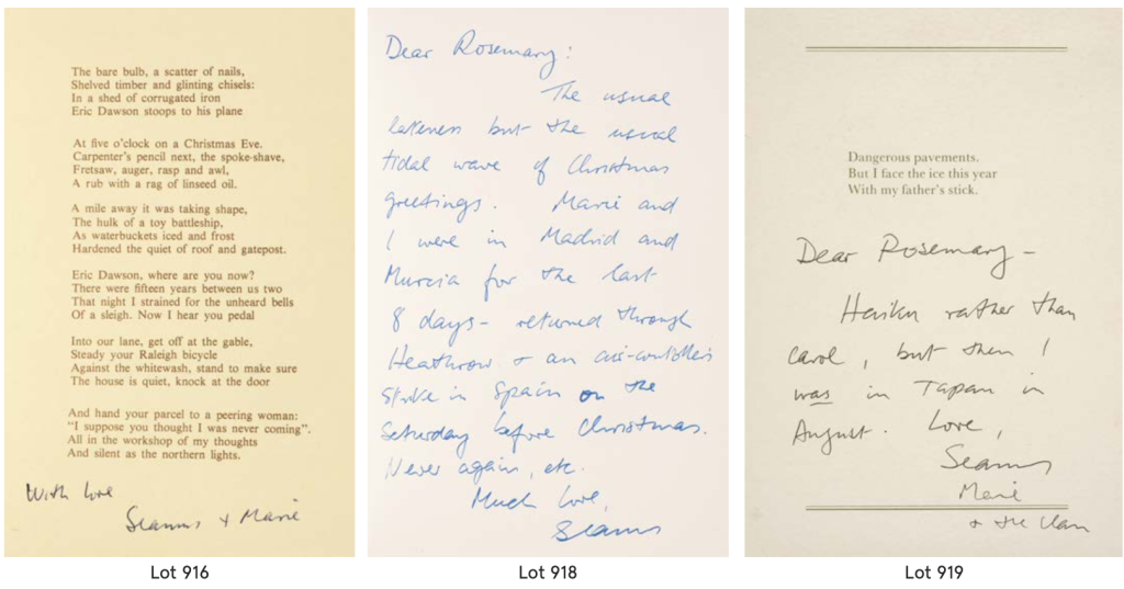 Above: The auction includes Christmas cards from poet Seamus Heaney
