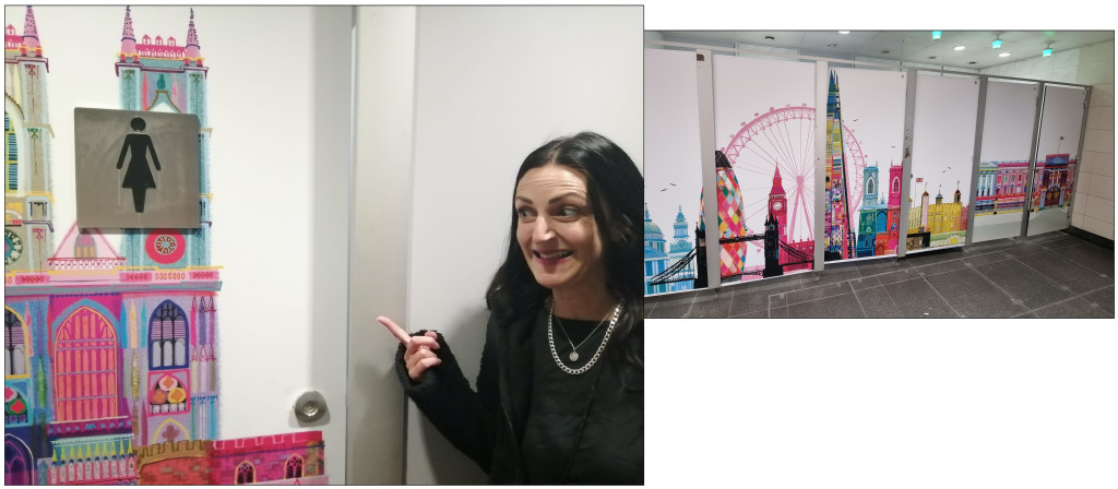 Above & top: Ilona shows off her artwork in London Bridge station loos