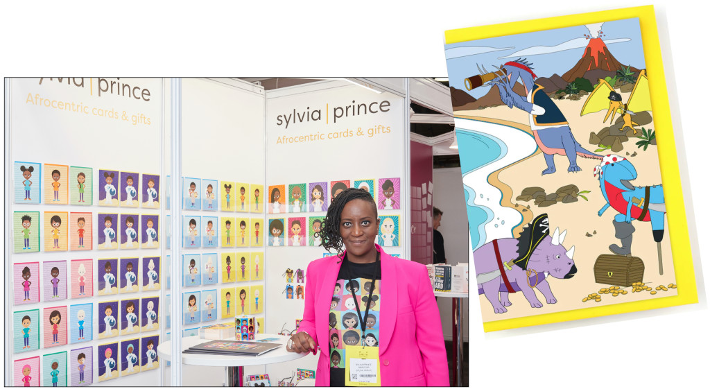 Above: Sylvia Prince on her stand and a design from Dinosaurs Doing Stuff