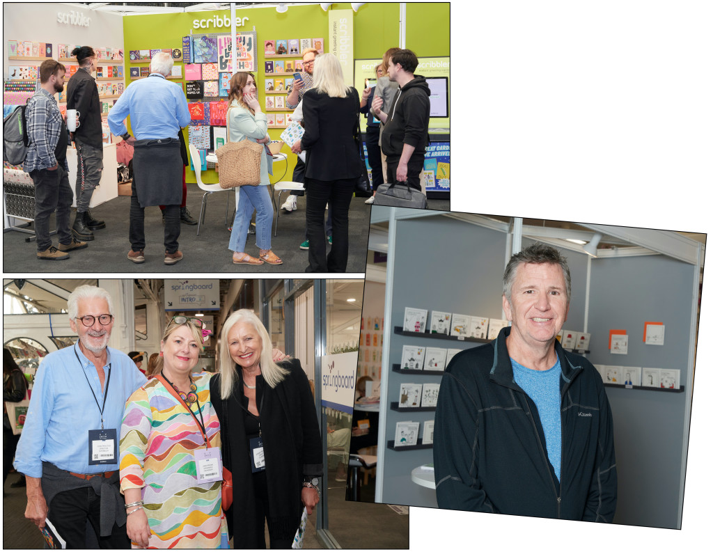 Above: Scribbler’s first PG Live stand, John and Jennie Procter at Springboard with Jakki Brown, and Stuart Francis made an impression on the retailers