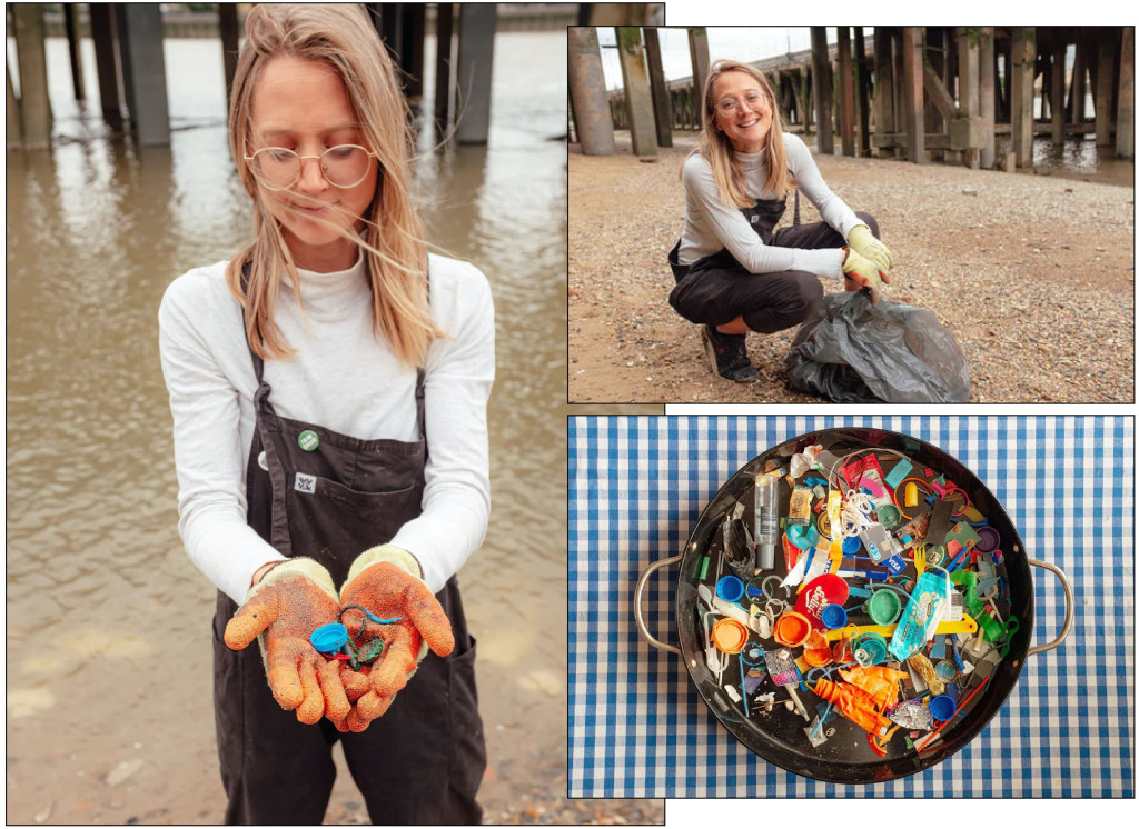 Above: Flora Blathwayt goes beach cleaning to pick up the plastic she uses for Washed Up Cards
