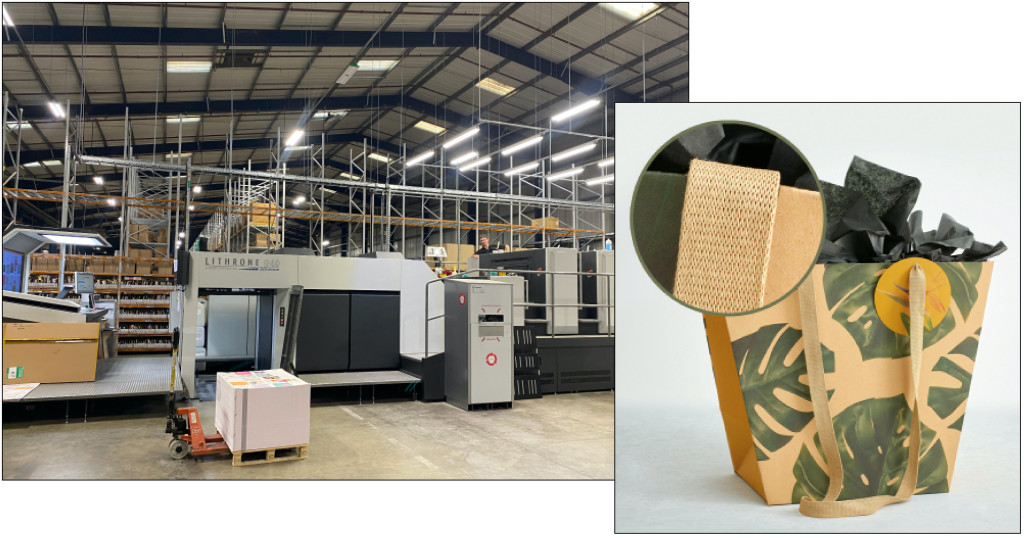 Above: Investment in printing and finishing machinery has brought manufacturing back to Dewsbury site, boosting UKG’s environmental credentials, as does this gift packaging with handles made from woven paper