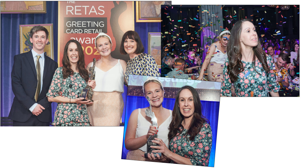 Above: Confetti bombs from table hosts Ohh Deer added to the fun as Oliver Bonas’ Lucy Cornwall and Nicola Connolly went up to collect the award from Rosie Tate, of category sponsor Cath Tate Cards