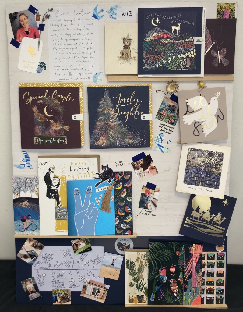 Above: Emily’s moodboard shows off her own work and designs for Woodmansterne