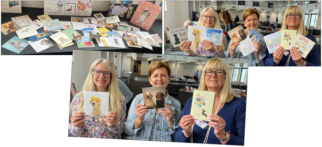 Above: At the end of the judging, dog-lovers Jo Sorrell from Cardies, No 14 Ampthill’s Jo Barber and Anne Barber, of In Heaven at Home, added their own special Henries category as they picked out their favourite pooch cards from among the shortlisted designs!