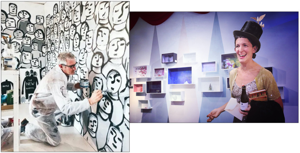 Above: Ralph at work on one of his political art pieces and Lisa with her Glass Cathedral dioramas