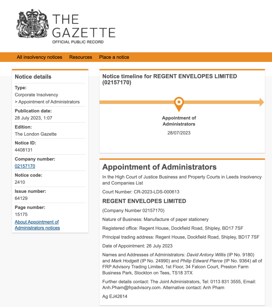 Above: The official London Gazette notice of Regent Envelope’s administration