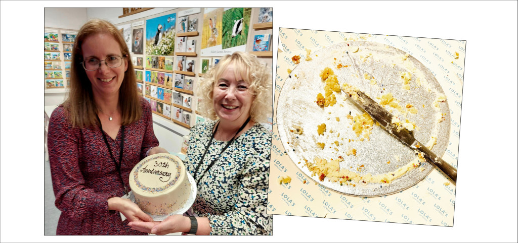 Above: Sue (left), colleague Michelle Adams, and their customers made short work of the birthday cake