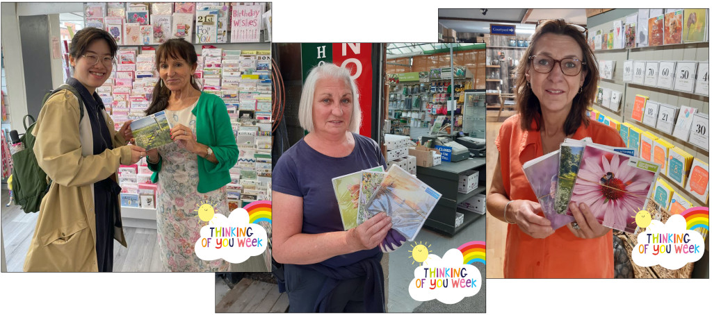 Above: Abacus Cards' sales team has giving free packs of cards to each customer who has an appointment this week, including designer Rumin with Vivienne from Patrick News in Halesworth, Janice at Springwell Nursery in Little Chesterford, and Emma at Debden Barns in Saffron Walden