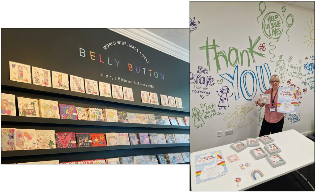 Above & top: The TOYW display at Belly Button’s shop, and Manchester Foundation Trust Charity takes delivery of cards for NHS staff