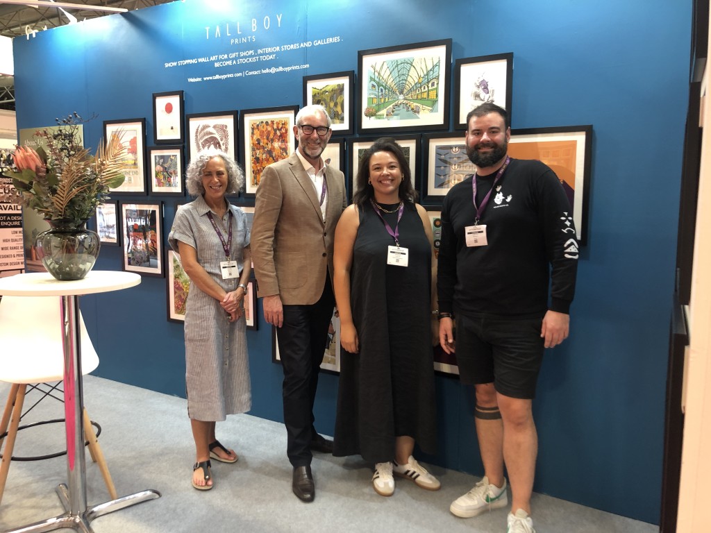 Above & top: (left-right) Karen Mace, Ged Mace, Mica Dunbar and James Mace on the inaugural Tall Boy Prints’ stand at Autumn Fair
